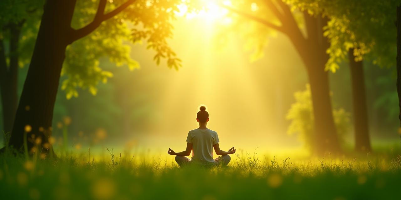 ध्यानमग्न प्राकृतिक दृश्य जिसमें एक सूरज की सुनहरी आभा है